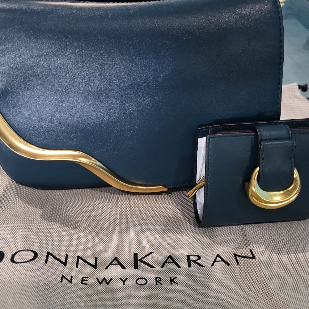 Donna Karan Dark Teal Crossbody Set with Gold Accents